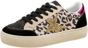 Women Y2K Retro Sneakers Leopard Contrast Color Glitter Star Patch Chunky Trainers Height Boost Teens Streetwear Paired Jeans