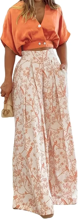 Womens 2 Piece Sets Casual Short Sleeved V Neck Shirts Elastic Waist Floral Lightweight Palazzo Pants Vacation Set