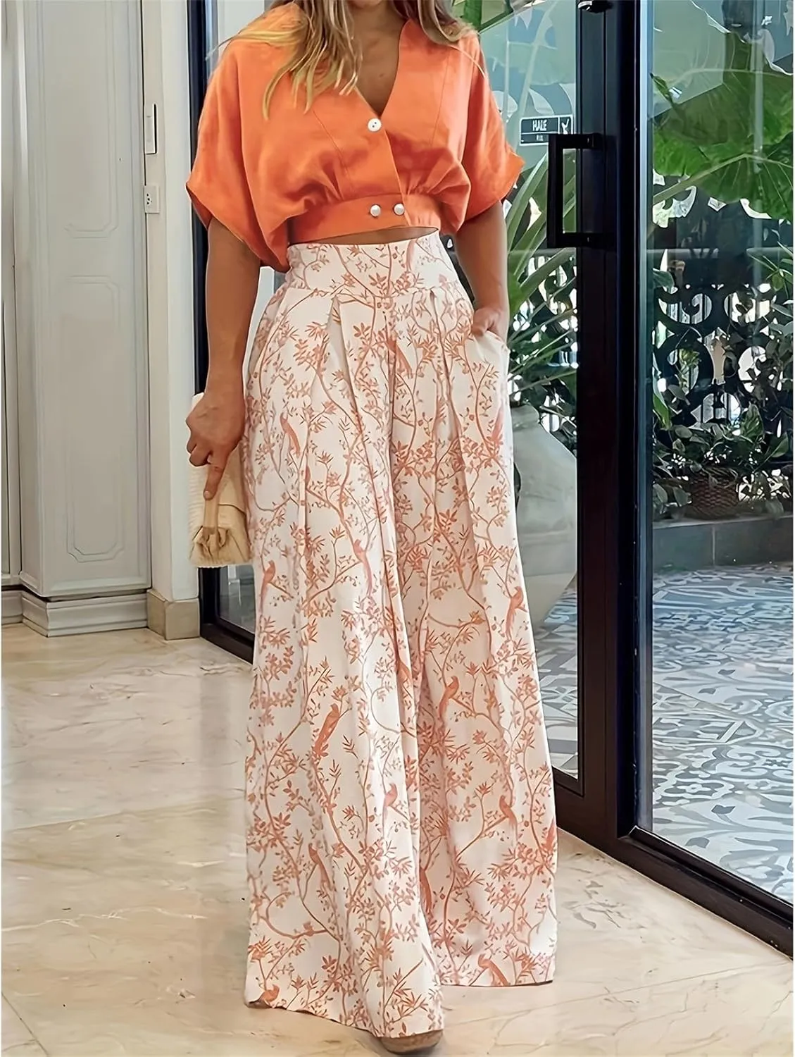 Womens 2 Piece Sets Casual Short Sleeved V Neck Shirts Elastic Waist Floral Lightweight Palazzo Pants Vacation Set