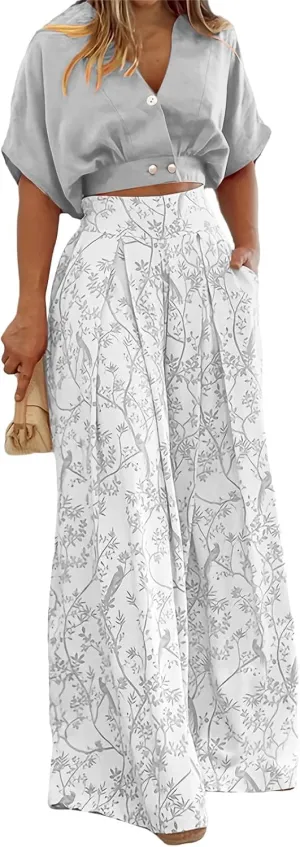 Womens 2 Piece Sets Casual Short Sleeved V Neck Shirts Elastic Waist Floral Lightweight Palazzo Pants Vacation Set