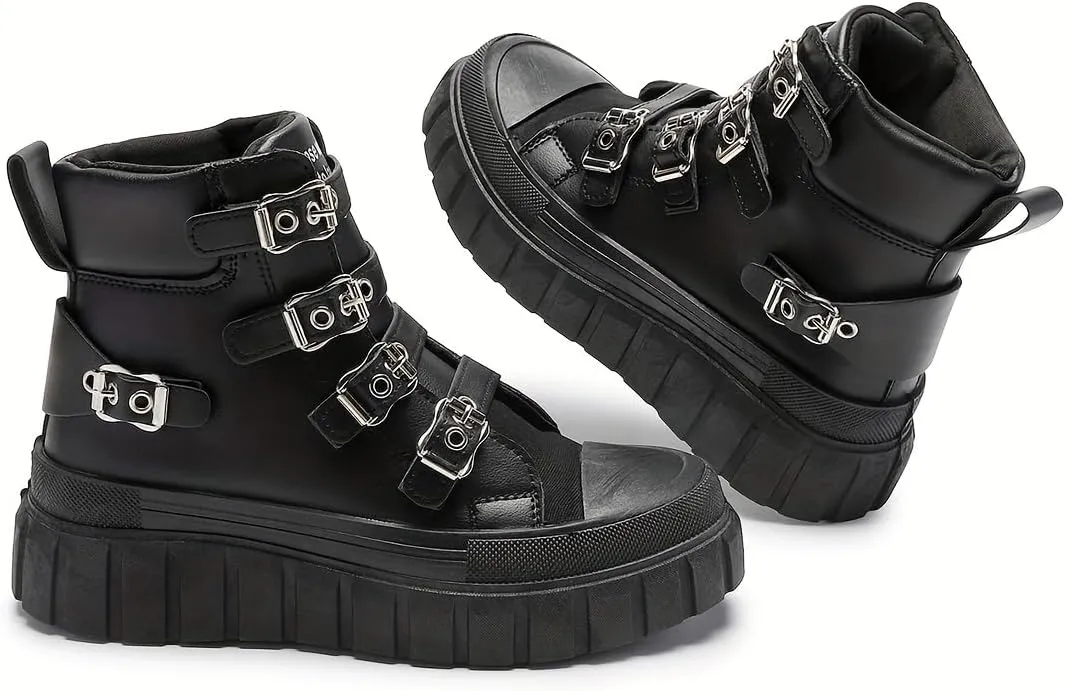 Women's All-Season Black Platform Ankle Boots - Comfortable Thick Sole, Casual Metal Buckle Straps