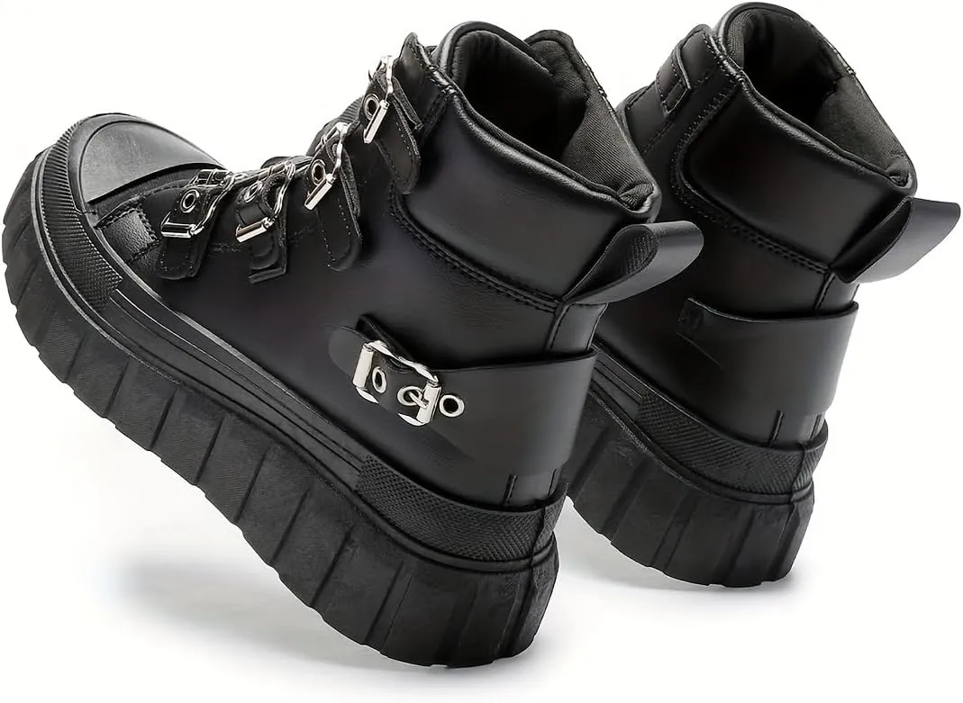 Women's All-Season Black Platform Ankle Boots - Comfortable Thick Sole, Casual Metal Buckle Straps