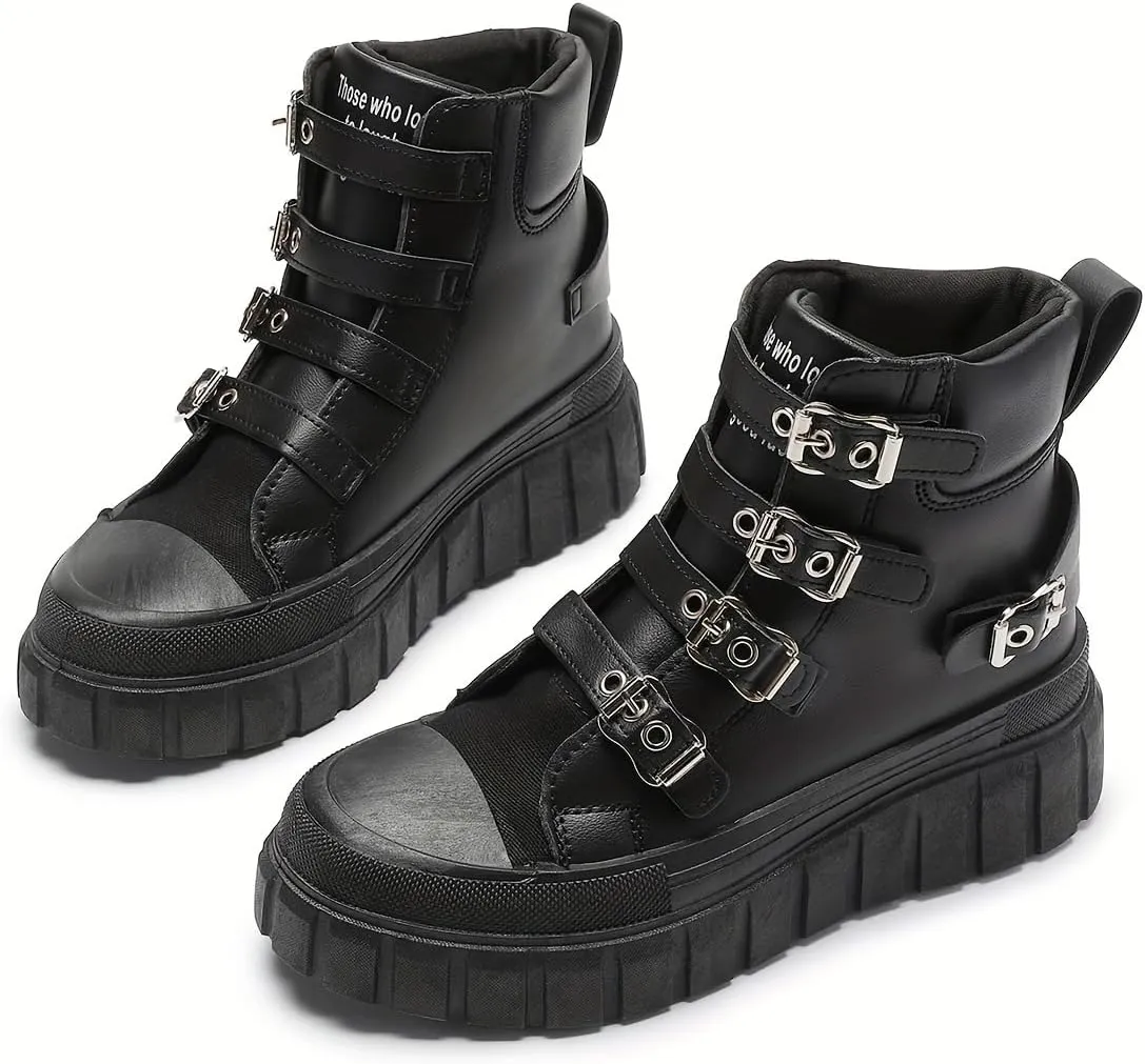 Women's All-Season Black Platform Ankle Boots - Comfortable Thick Sole, Casual Metal Buckle Straps