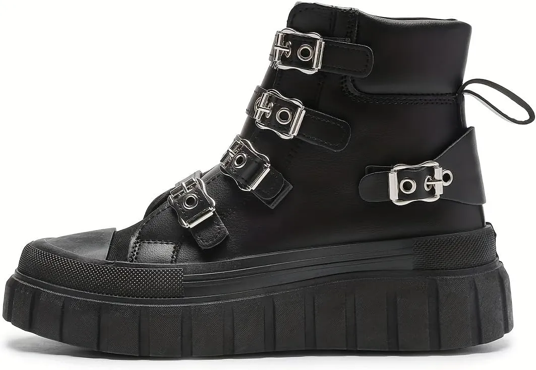 Women's All-Season Black Platform Ankle Boots - Comfortable Thick Sole, Casual Metal Buckle Straps