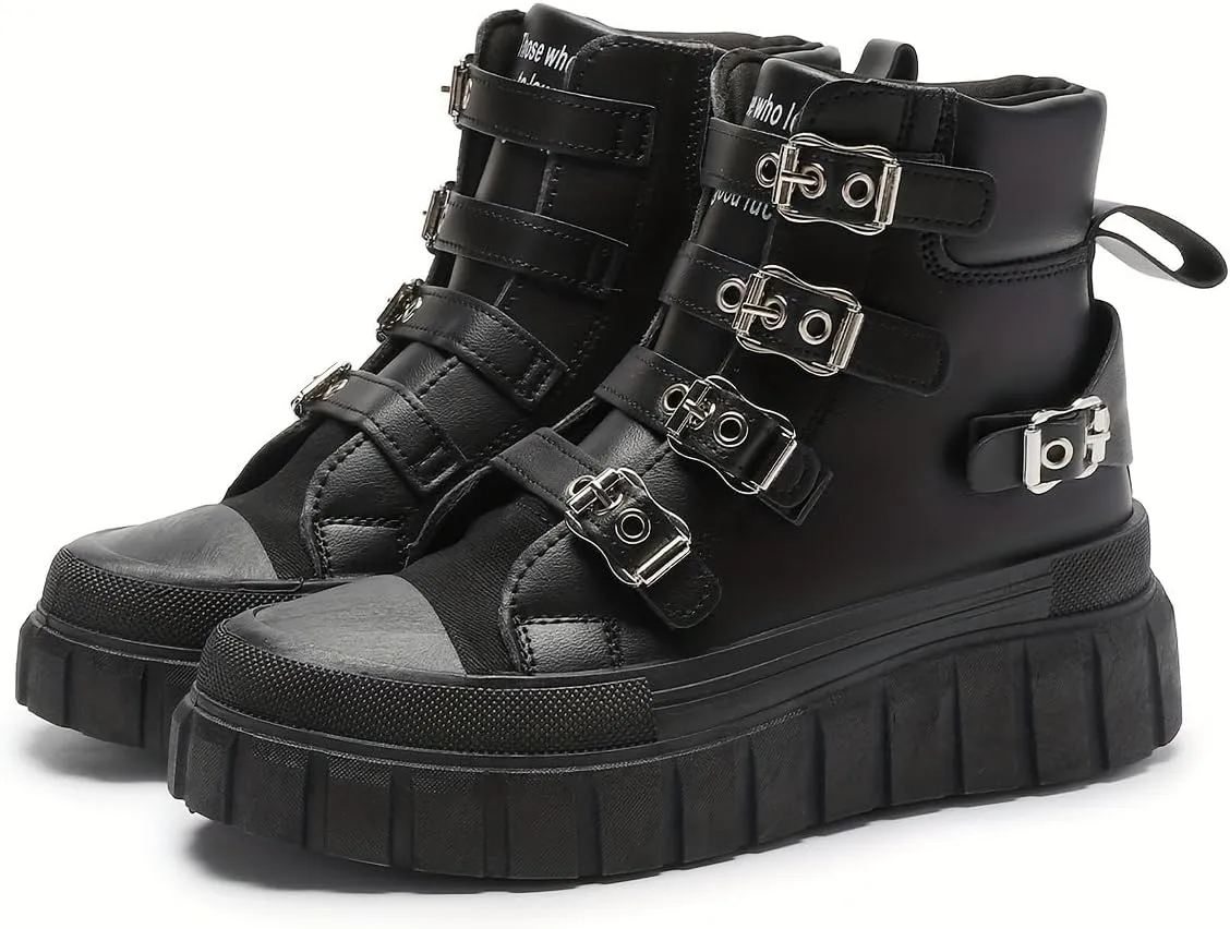 Women's All-Season Black Platform Ankle Boots - Comfortable Thick Sole, Casual Metal Buckle Straps