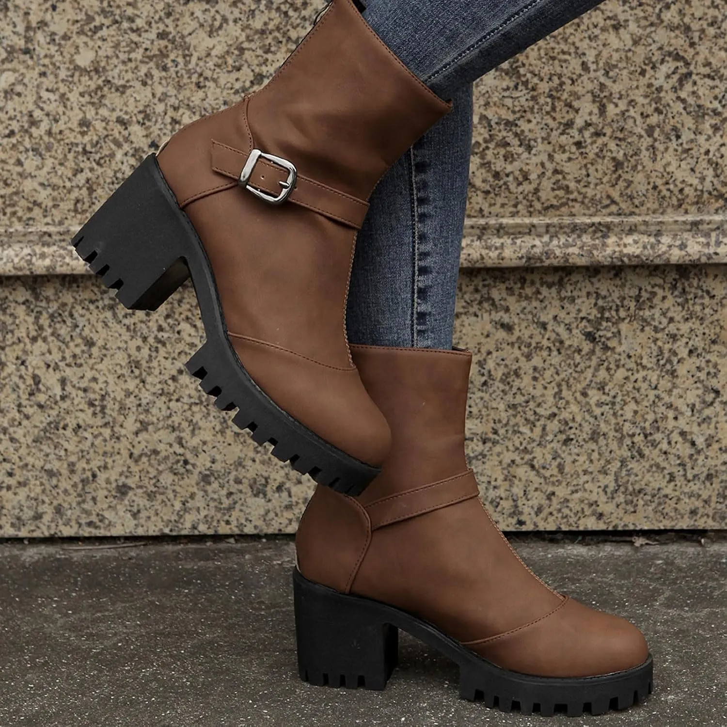 Women's Ankle Boots Heeled Winter Boots Chunky Combat Boots Platform Dress Boots Round Toe Short Bootie