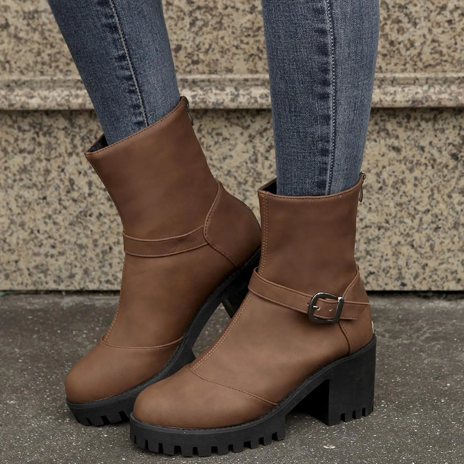 Women's Ankle Boots Heeled Winter Boots Chunky Combat Boots Platform Dress Boots Round Toe Short Bootie