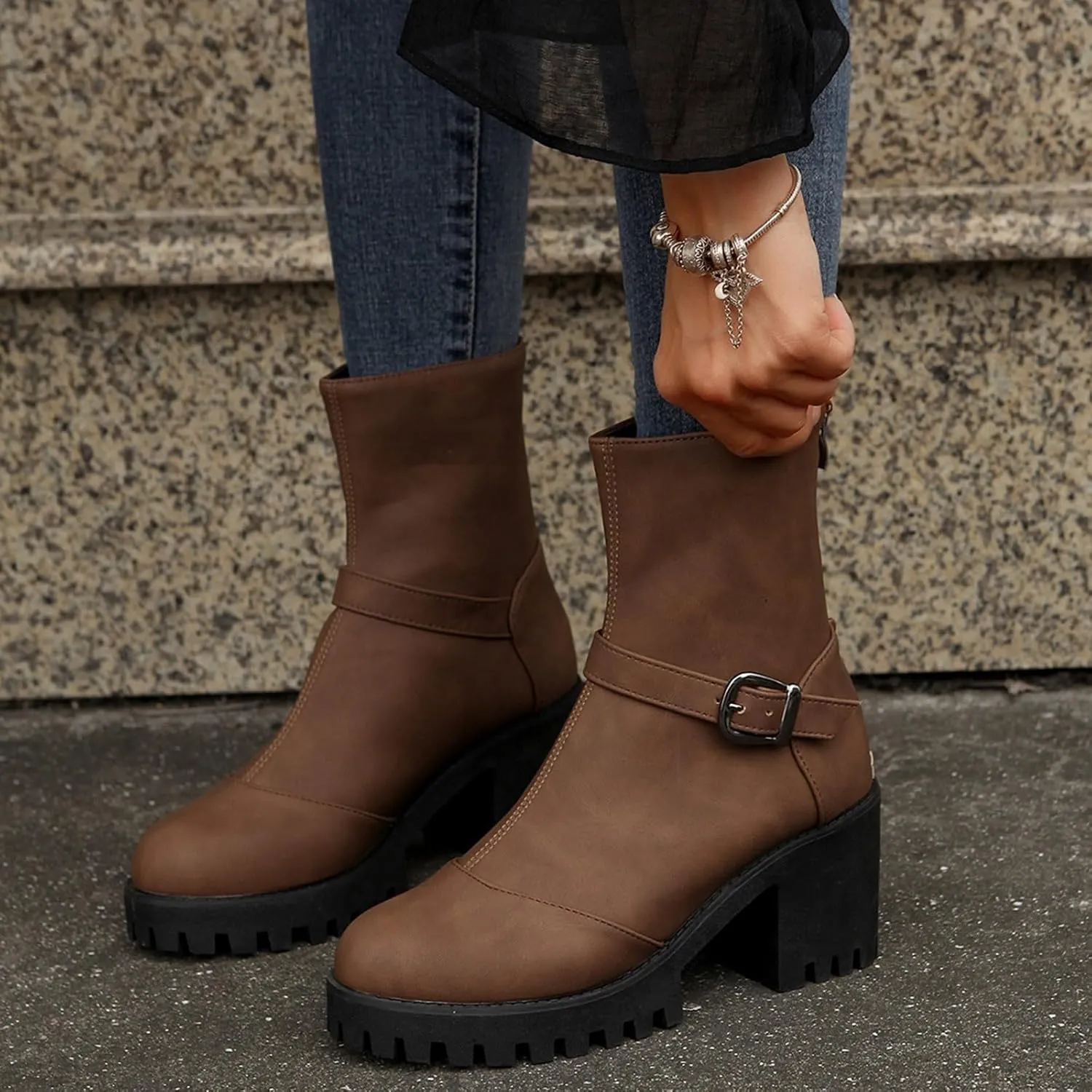 Women's Ankle Boots Heeled Winter Boots Chunky Combat Boots Platform Dress Boots Round Toe Short Bootie