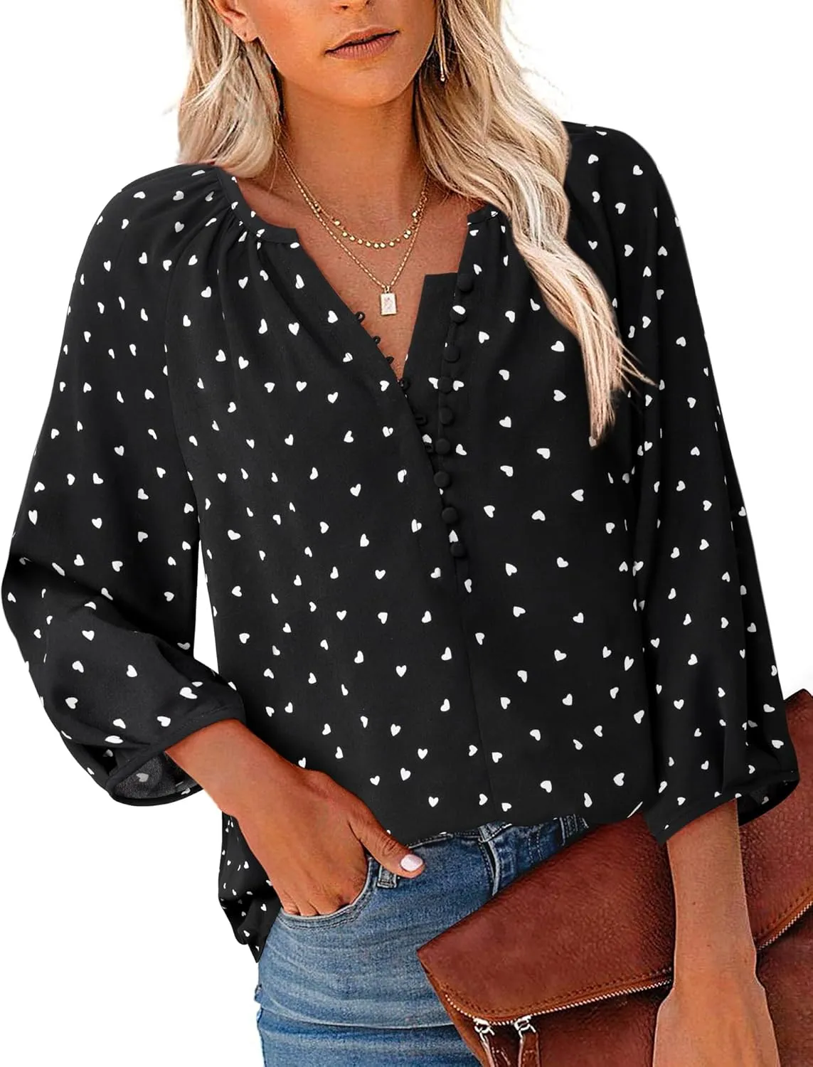 Womens Blouses Dressy Casual V Neck 3/4 Sleeve Tops Fashion Boho Chiffon Button Down Shirts