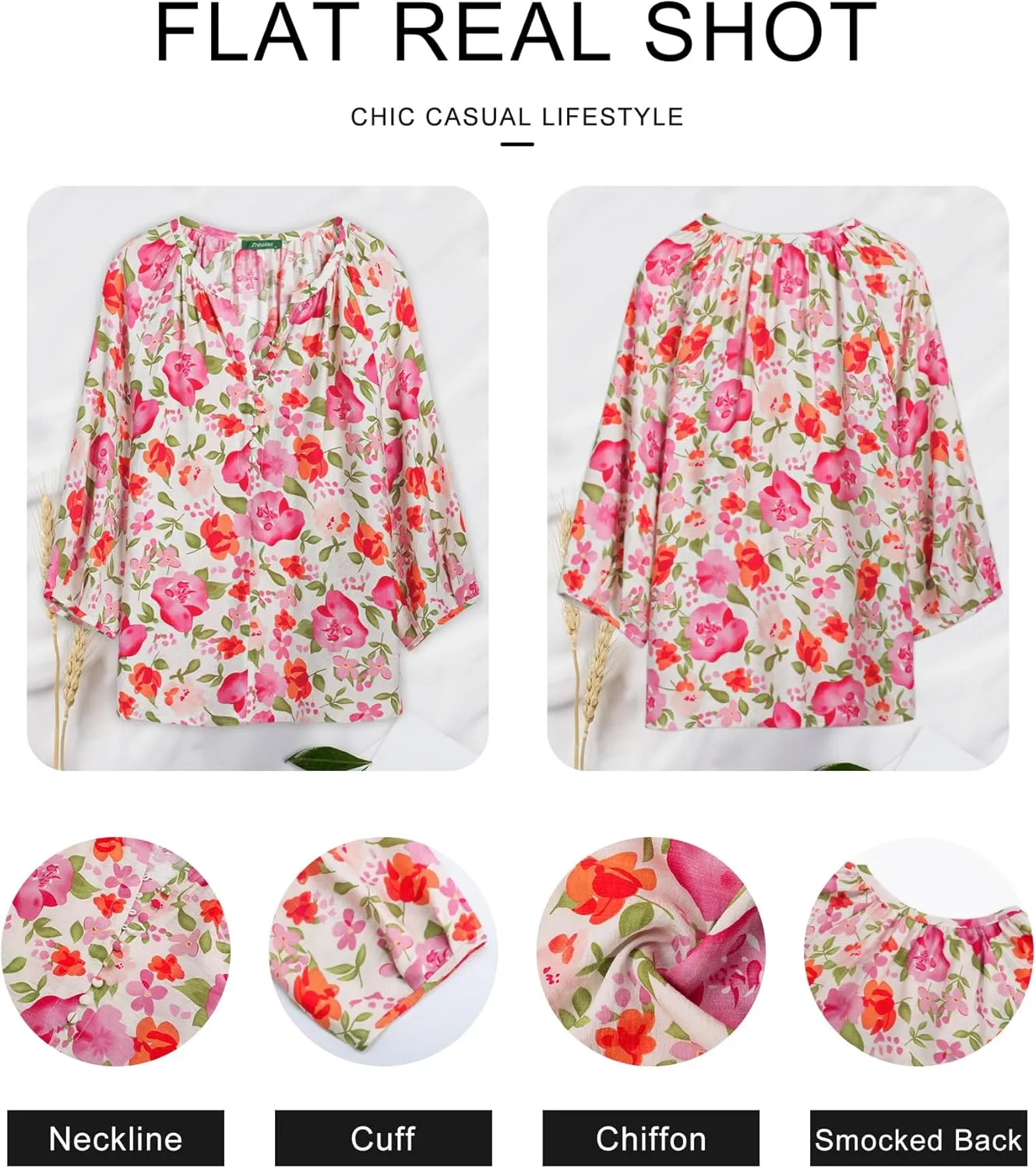 Womens Blouses Dressy Casual V Neck 3/4 Sleeve Tops Fashion Boho Chiffon Button Down Shirts