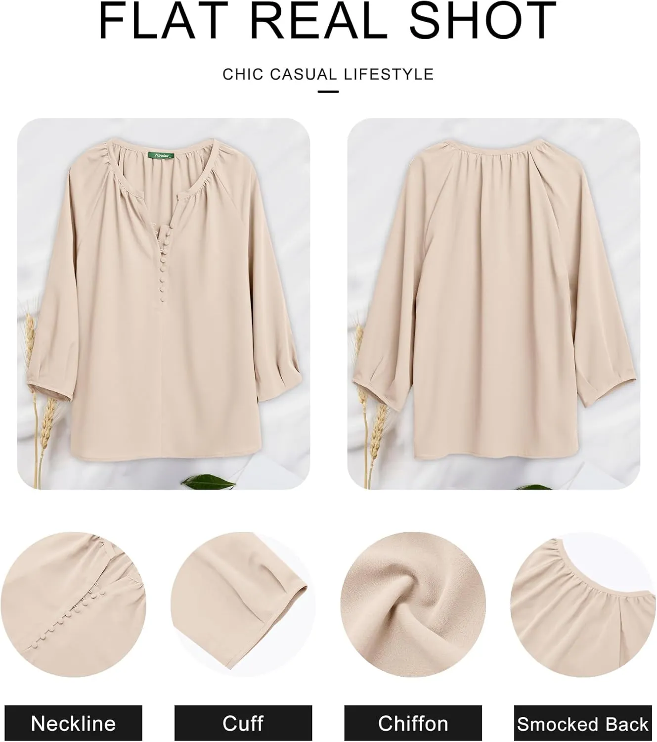 Womens Blouses Dressy Casual V Neck 3/4 Sleeve Tops Fashion Boho Chiffon Button Down Shirts