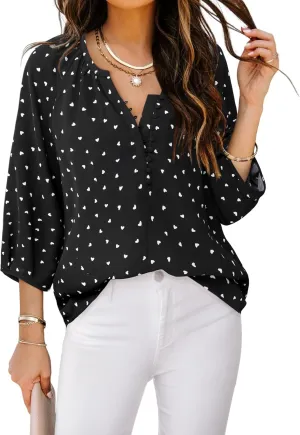 Womens Blouses Dressy Casual V Neck 3/4 Sleeve Tops Fashion Boho Chiffon Button Down Shirts