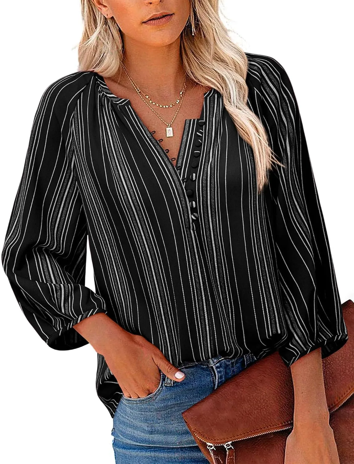 Womens Blouses Dressy Casual V Neck 3/4 Sleeve Tops Fashion Boho Chiffon Button Down Shirts