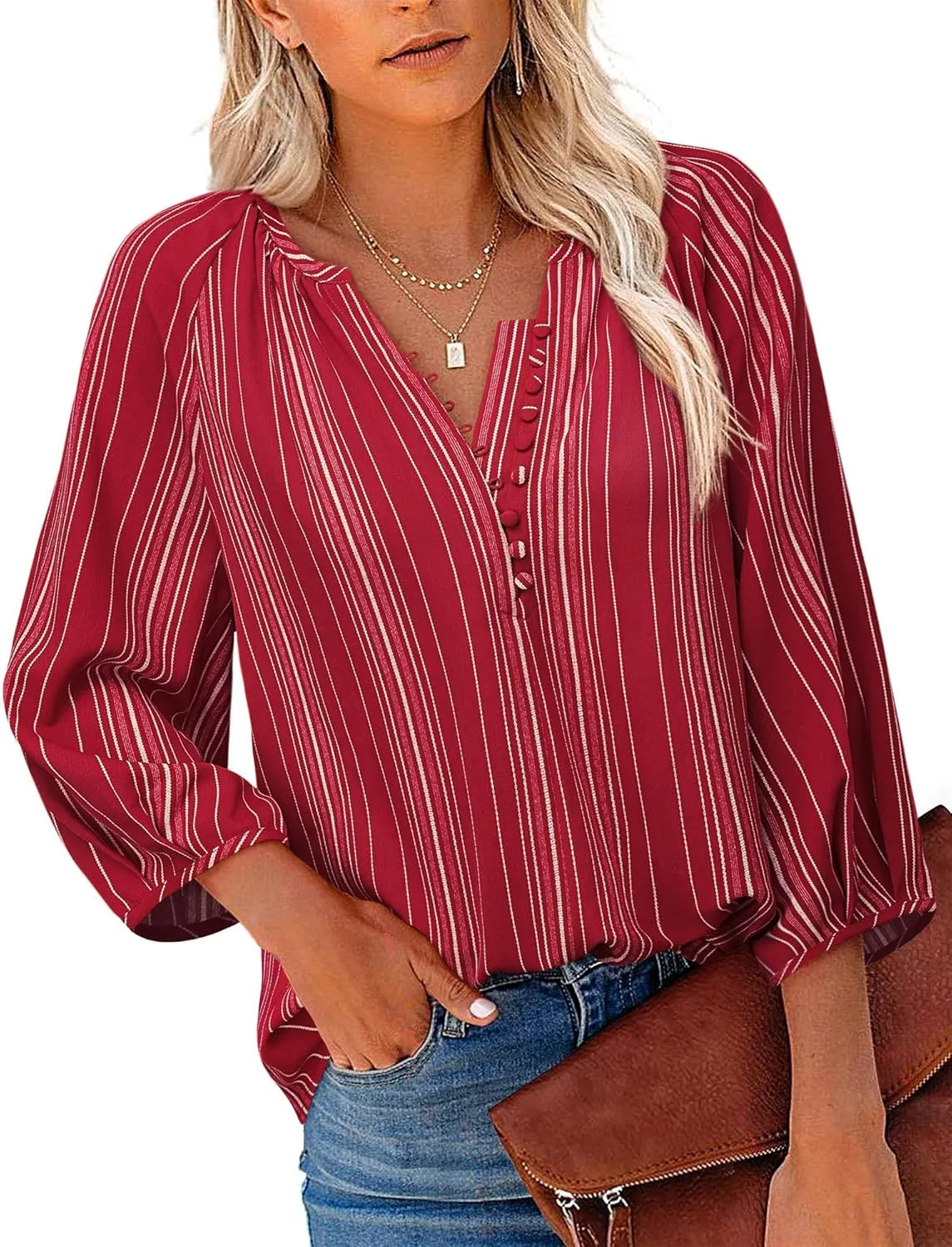 Womens Blouses Dressy Casual V Neck 3/4 Sleeve Tops Fashion Boho Chiffon Button Down Shirts