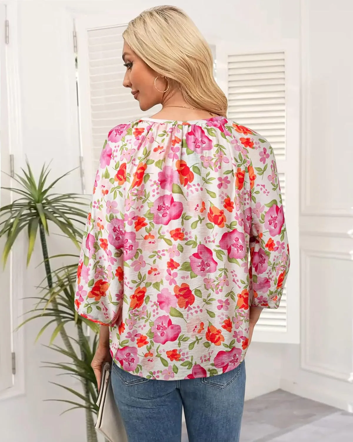 Womens Blouses Dressy Casual V Neck 3/4 Sleeve Tops Fashion Boho Chiffon Button Down Shirts