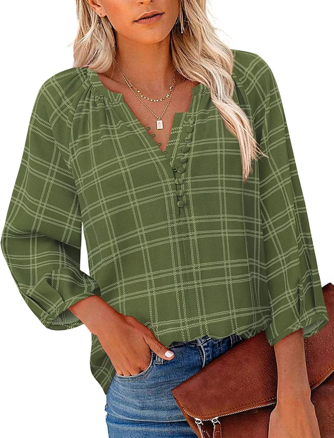 Womens Blouses Dressy Casual V Neck 3/4 Sleeve Tops Fashion Boho Chiffon Button Down Shirts