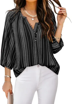 Womens Blouses Dressy Casual V Neck 3/4 Sleeve Tops Fashion Boho Chiffon Button Down Shirts