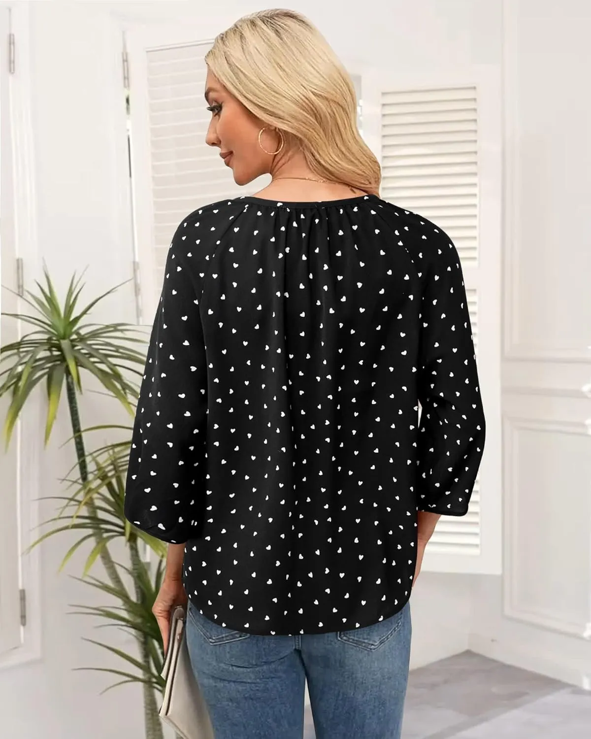 Womens Blouses Dressy Casual V Neck 3/4 Sleeve Tops Fashion Boho Chiffon Button Down Shirts