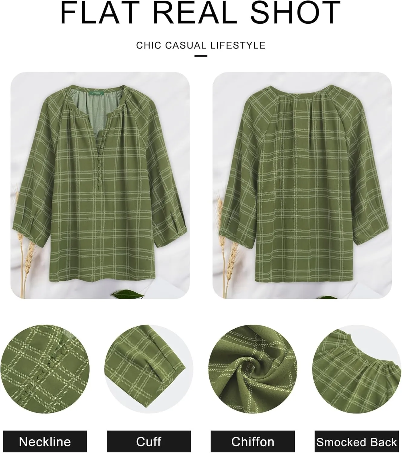 Womens Blouses Dressy Casual V Neck 3/4 Sleeve Tops Fashion Boho Chiffon Button Down Shirts