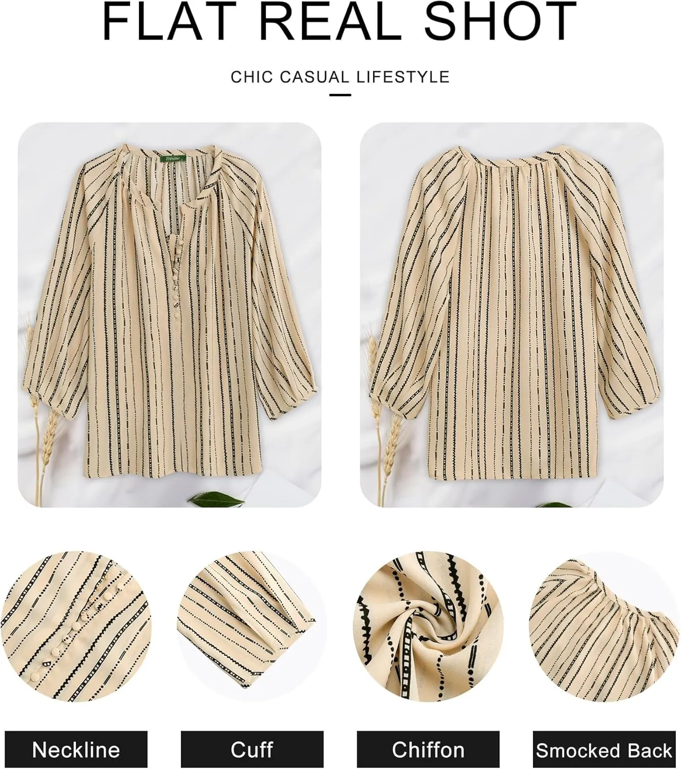 Womens Blouses Dressy Casual V Neck 3/4 Sleeve Tops Fashion Boho Chiffon Button Down Shirts