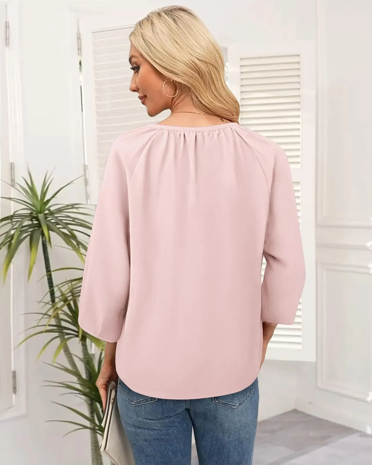 Womens Blouses Dressy Casual V Neck 3/4 Sleeve Tops Fashion Boho Chiffon Button Down Shirts
