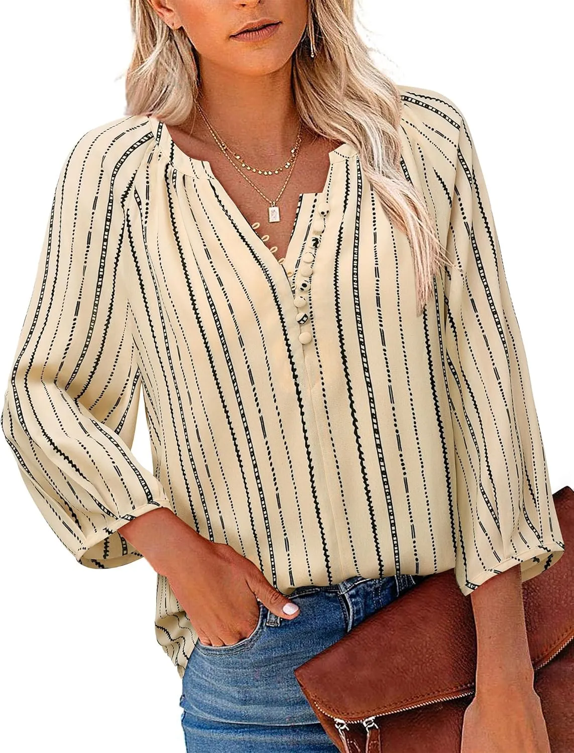 Womens Blouses Dressy Casual V Neck 3/4 Sleeve Tops Fashion Boho Chiffon Button Down Shirts