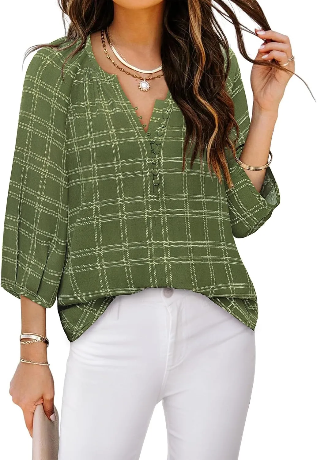 Womens Blouses Dressy Casual V Neck 3/4 Sleeve Tops Fashion Boho Chiffon Button Down Shirts