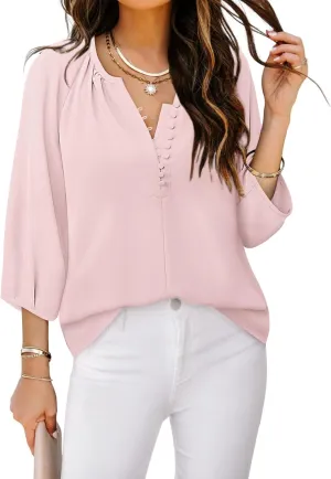 Womens Blouses Dressy Casual V Neck 3/4 Sleeve Tops Fashion Boho Chiffon Button Down Shirts