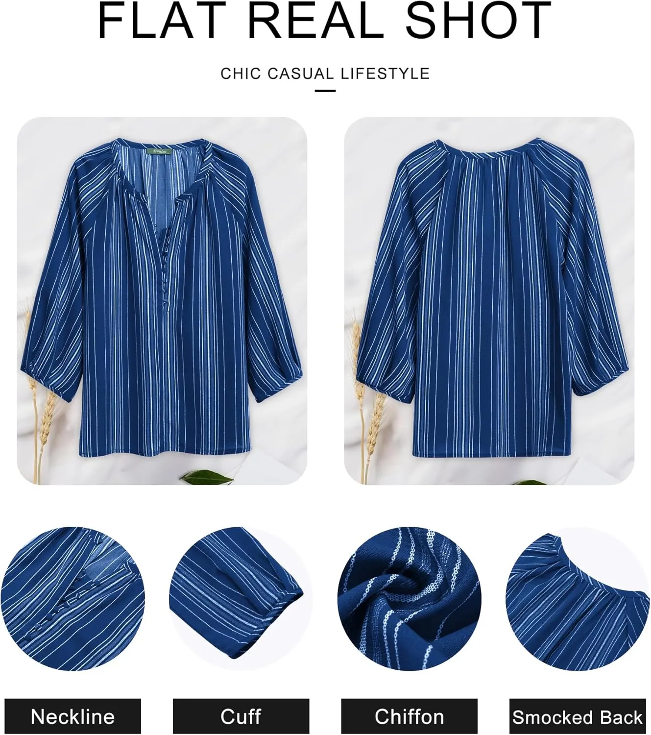 Womens Blouses Dressy Casual V Neck 3/4 Sleeve Tops Fashion Boho Chiffon Button Down Shirts