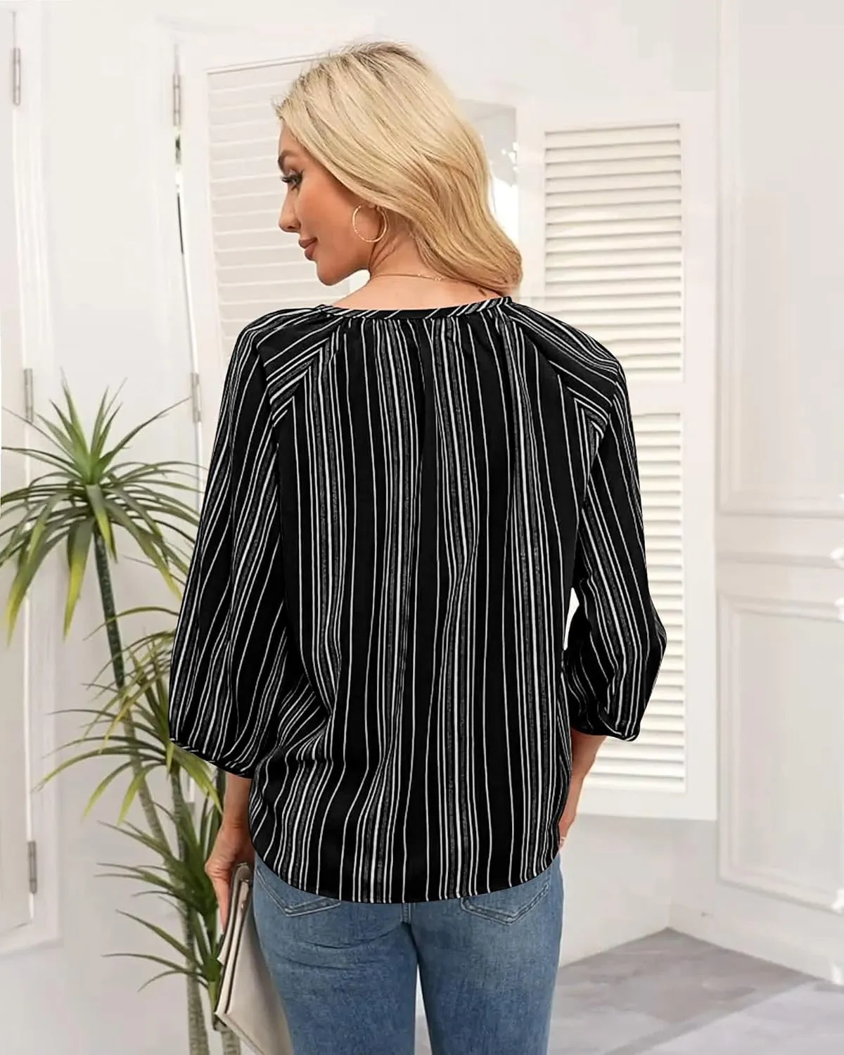 Womens Blouses Dressy Casual V Neck 3/4 Sleeve Tops Fashion Boho Chiffon Button Down Shirts