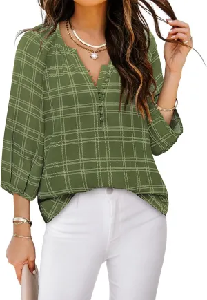 Womens Blouses Dressy Casual V Neck 3/4 Sleeve Tops Fashion Boho Chiffon Button Down Shirts