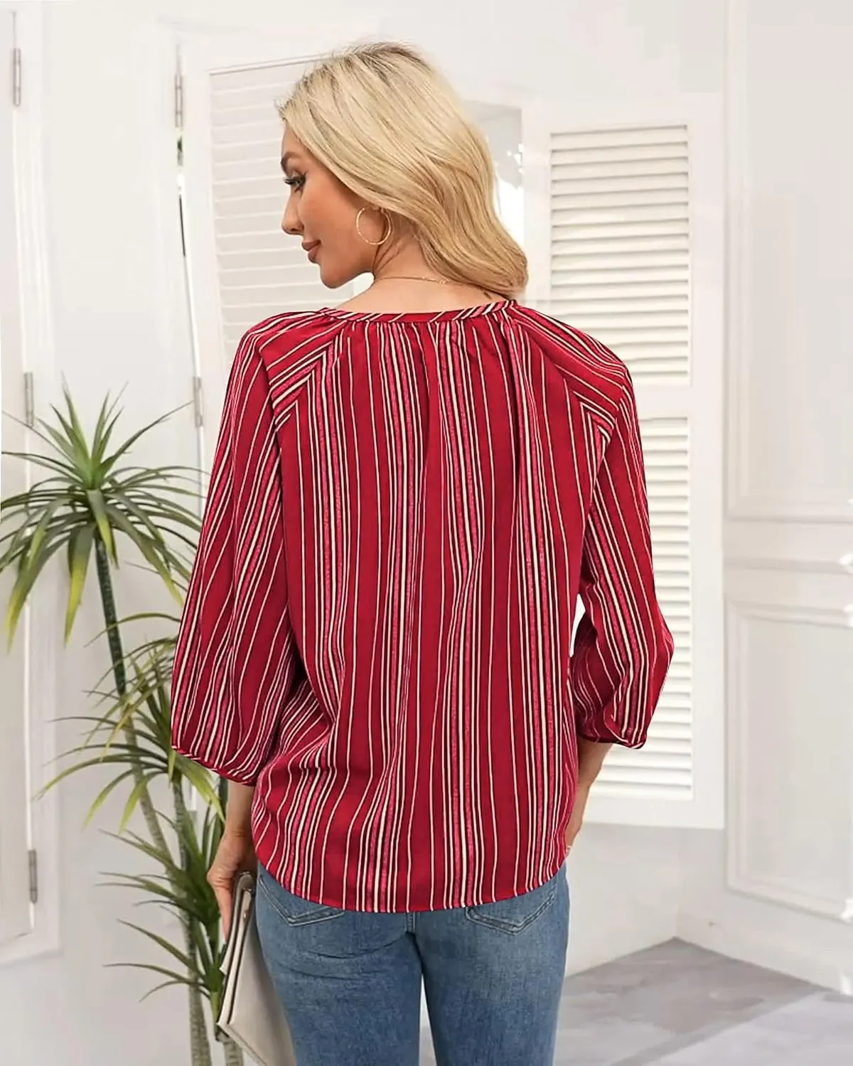 Womens Blouses Dressy Casual V Neck 3/4 Sleeve Tops Fashion Boho Chiffon Button Down Shirts