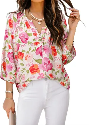 Womens Blouses Dressy Casual V Neck 3/4 Sleeve Tops Fashion Boho Chiffon Button Down Shirts