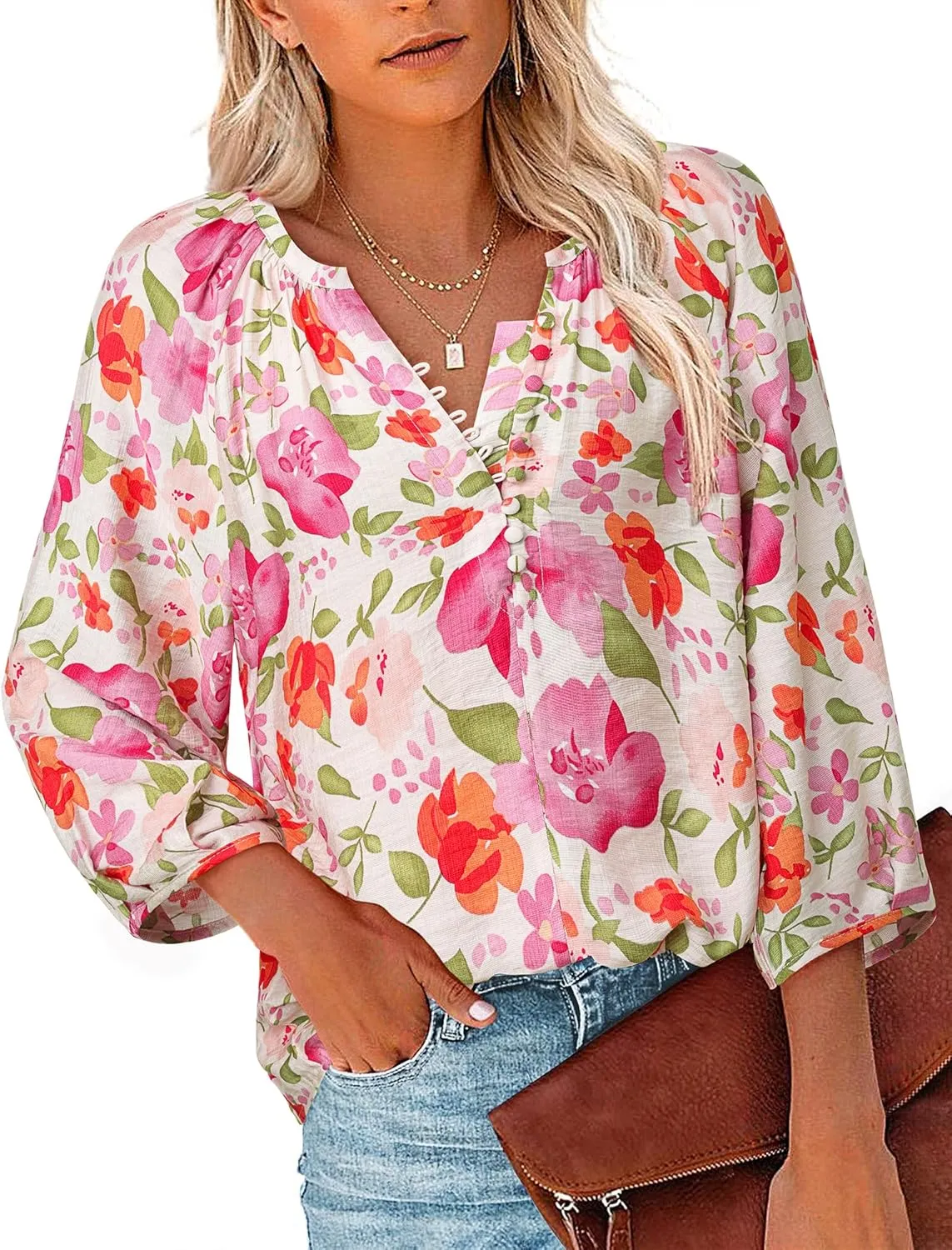 Womens Blouses Dressy Casual V Neck 3/4 Sleeve Tops Fashion Boho Chiffon Button Down Shirts