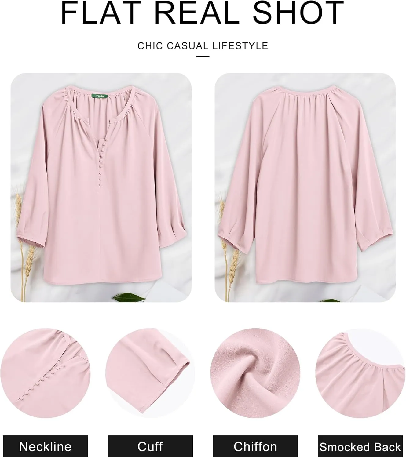 Womens Blouses Dressy Casual V Neck 3/4 Sleeve Tops Fashion Boho Chiffon Button Down Shirts
