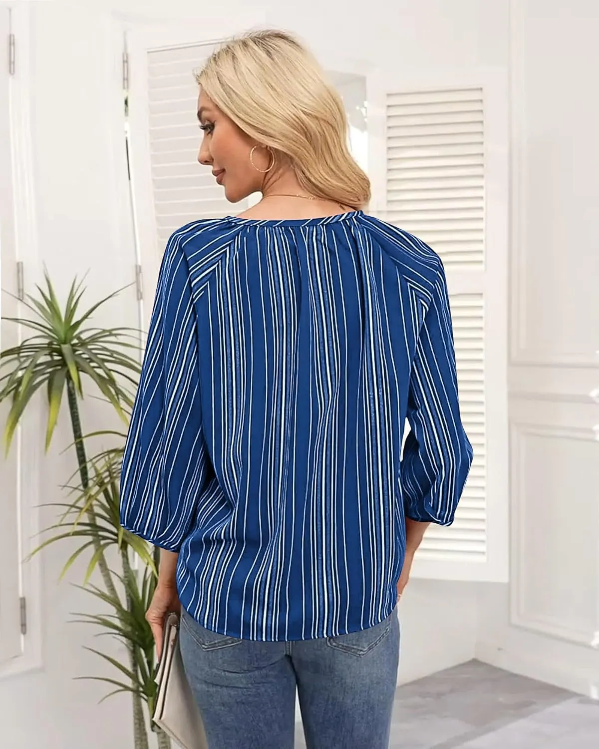 Womens Blouses Dressy Casual V Neck 3/4 Sleeve Tops Fashion Boho Chiffon Button Down Shirts