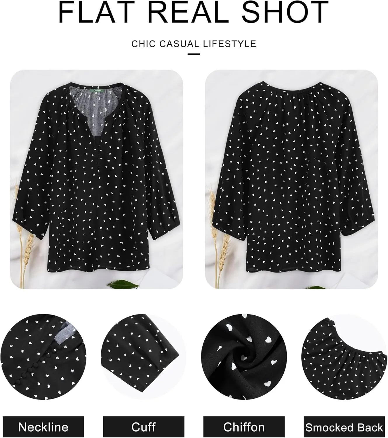 Womens Blouses Dressy Casual V Neck 3/4 Sleeve Tops Fashion Boho Chiffon Button Down Shirts