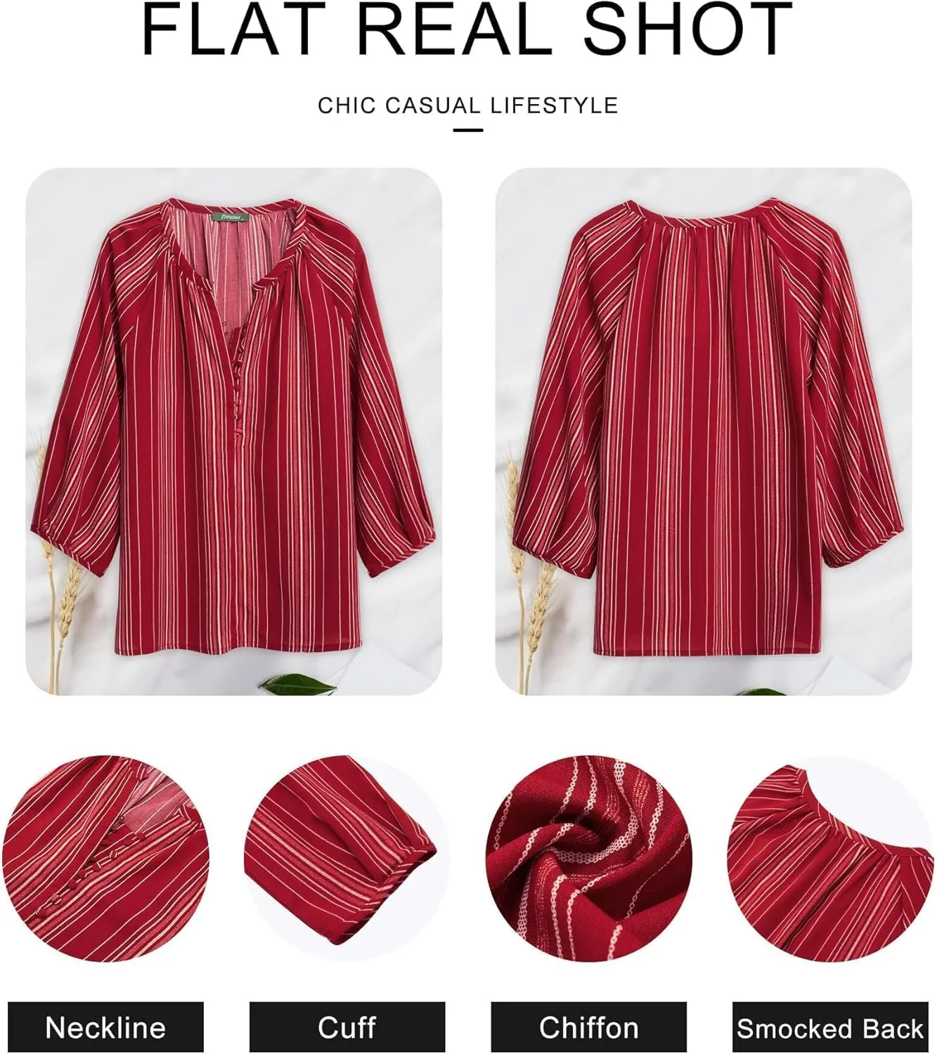 Womens Blouses Dressy Casual V Neck 3/4 Sleeve Tops Fashion Boho Chiffon Button Down Shirts