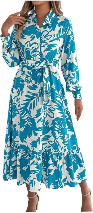 Womens Boho Floral Dresses Long Sleeve Collared Button V Neck A-Line Dress Trendy Classy Outfits Casual Sundress