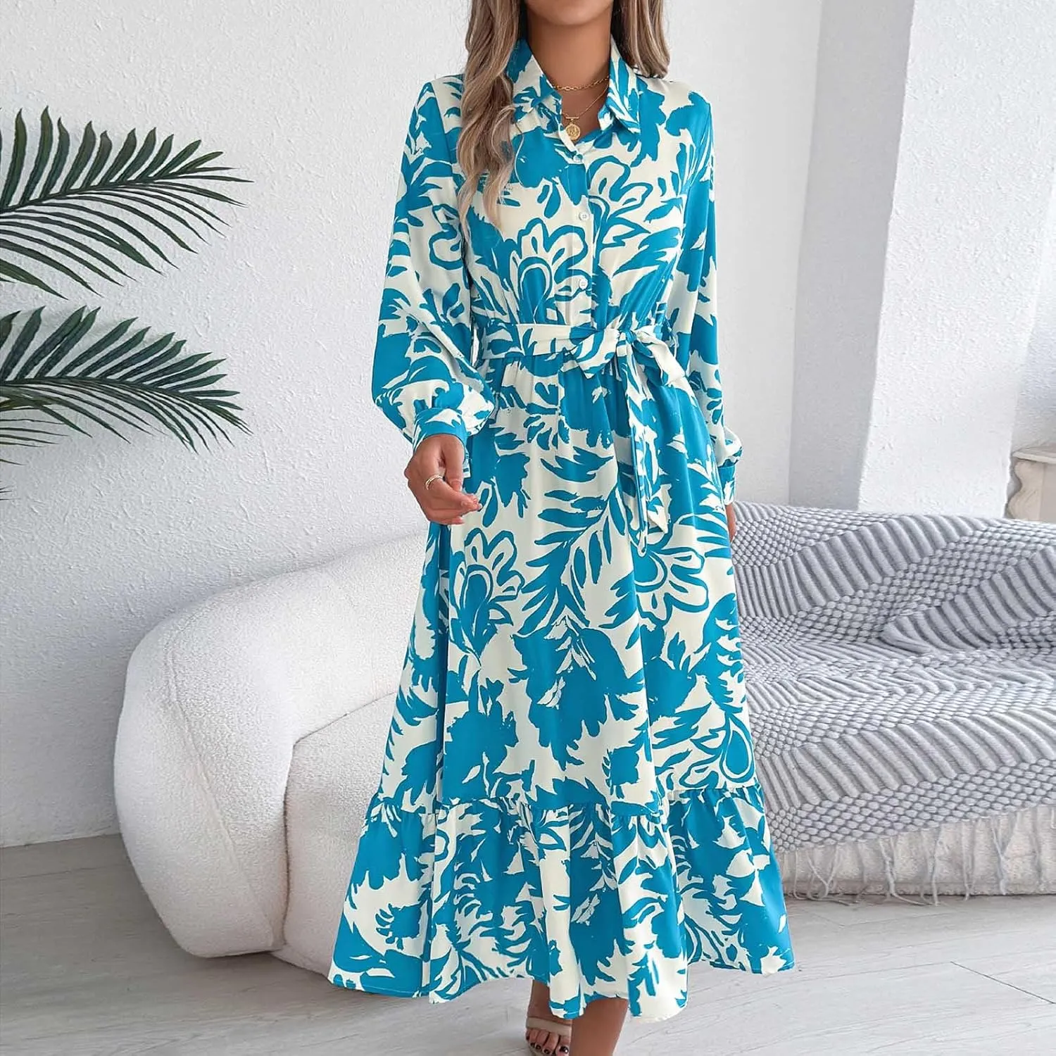 Womens Boho Floral Dresses Long Sleeve Collared Button V Neck A-Line Dress Trendy Classy Outfits Casual Sundress