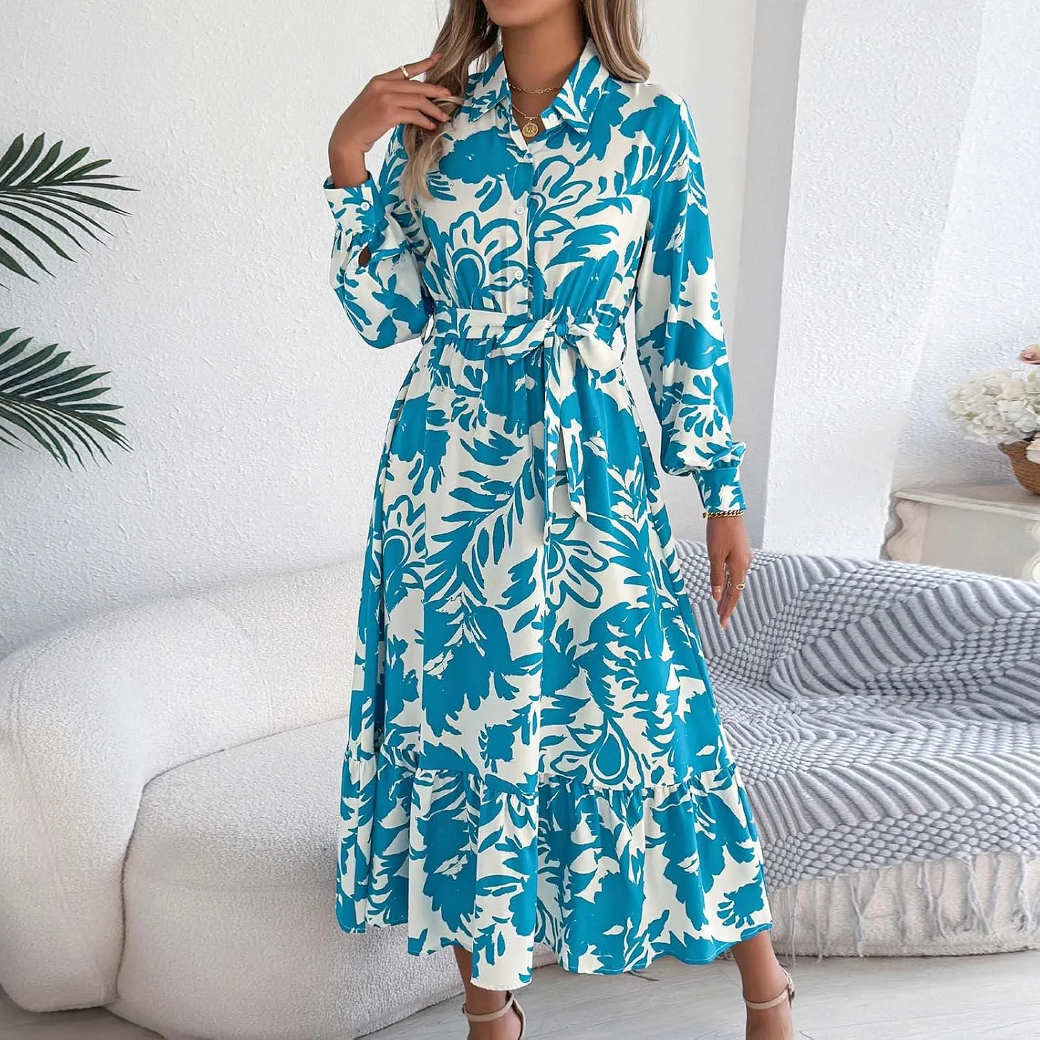 Womens Boho Floral Dresses Long Sleeve Collared Button V Neck A-Line Dress Trendy Classy Outfits Casual Sundress
