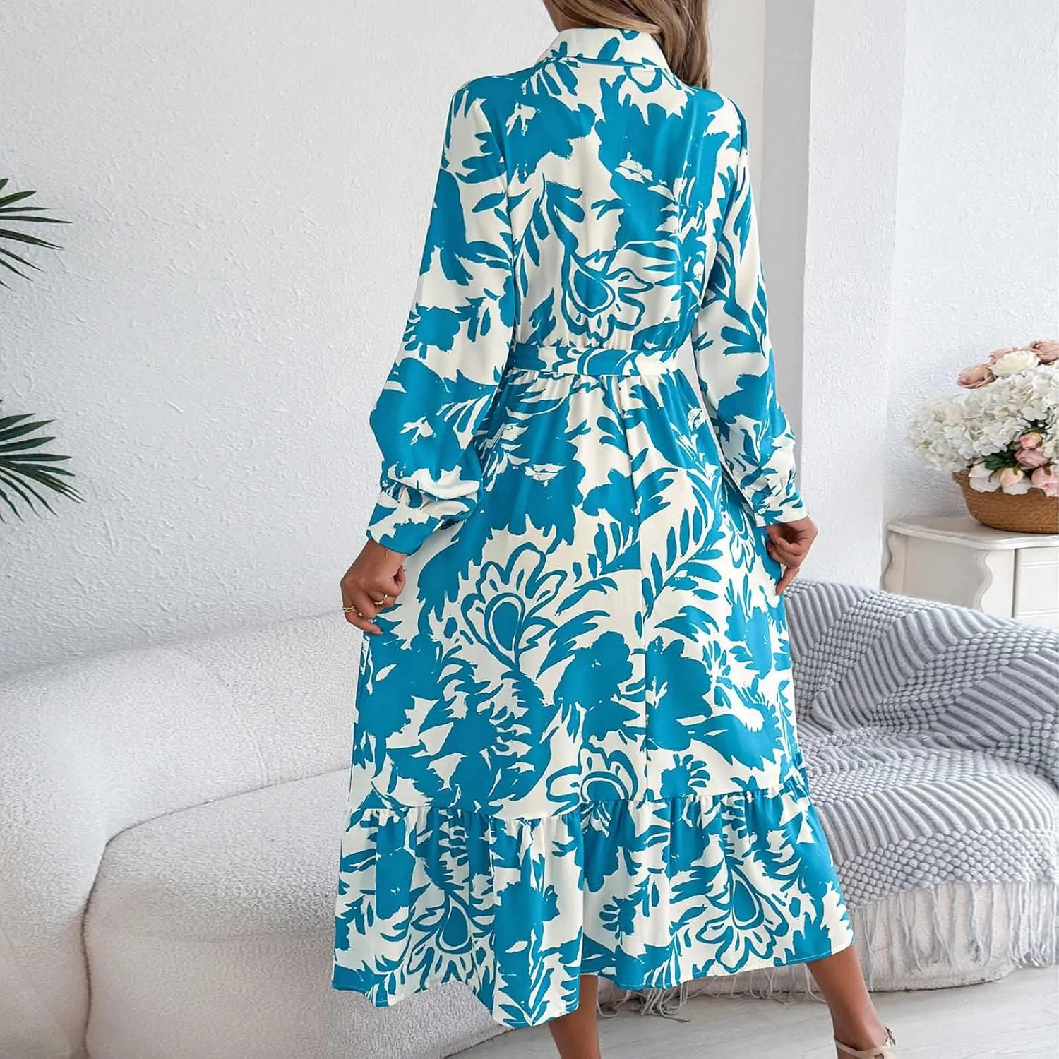 Womens Boho Floral Dresses Long Sleeve Collared Button V Neck A-Line Dress Trendy Classy Outfits Casual Sundress