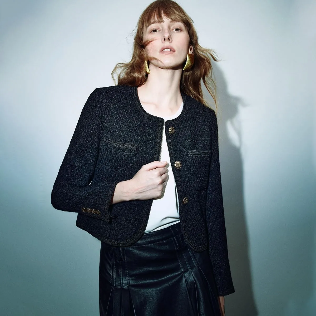 Women's Casual Business Cropped Tweed Blazers Jacket with Pocket Slim Fit Long Sleeve Short Suit for Work Office