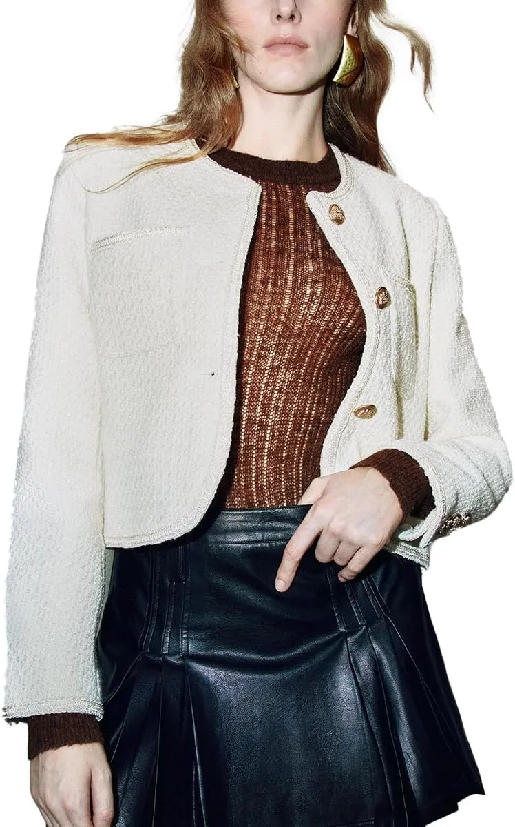 Women's Casual Business Cropped Tweed Blazers Jacket with Pocket Slim Fit Long Sleeve Short Suit for Work Office
