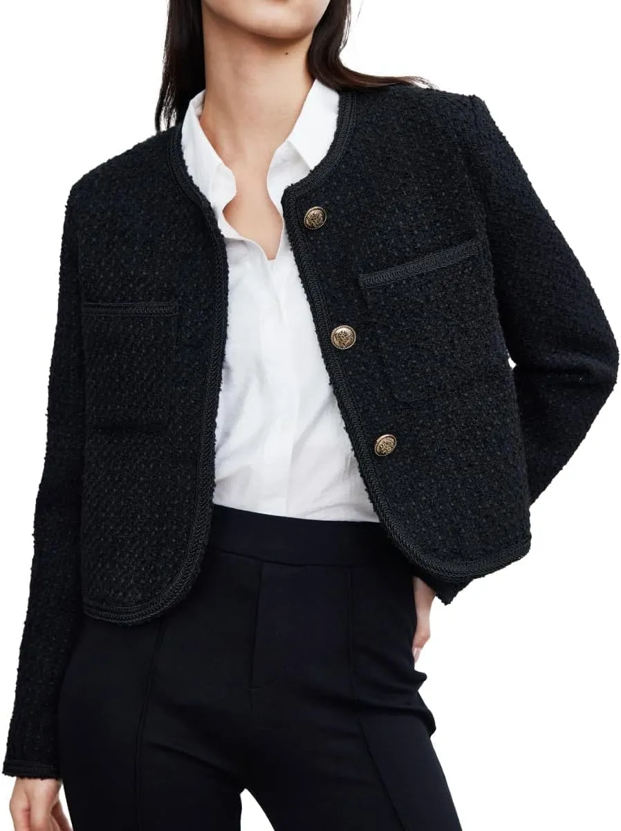 Women's Casual Business Cropped Tweed Blazers Jacket with Pocket Slim Fit Long Sleeve Short Suit for Work Office