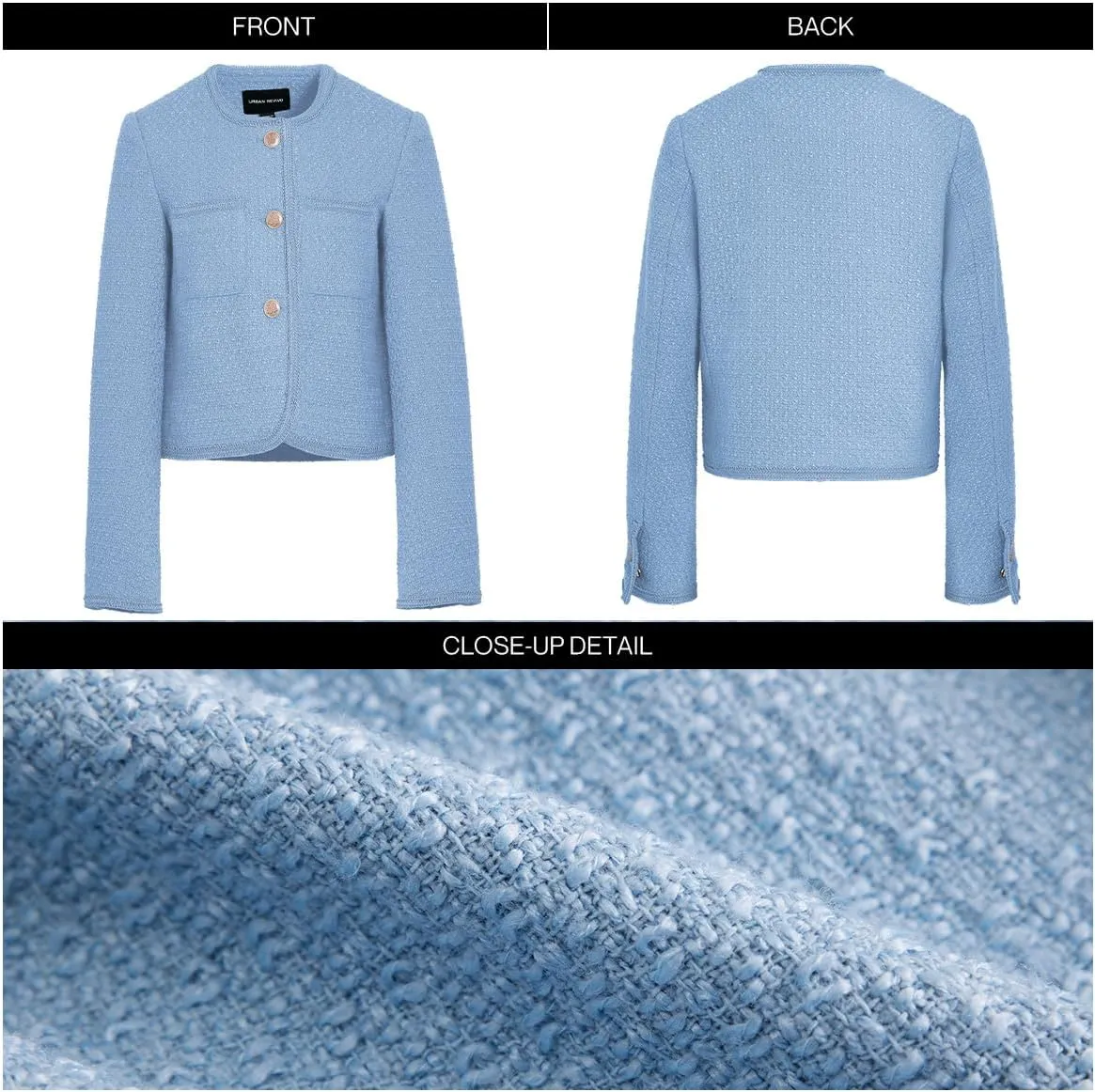 Women's Casual Business Cropped Tweed Blazers Jacket with Pocket Slim Fit Long Sleeve Short Suit for Work Office