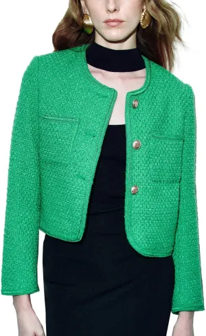 Women's Casual Business Cropped Tweed Blazers Jacket with Pocket Slim Fit Long Sleeve Short Suit for Work Office