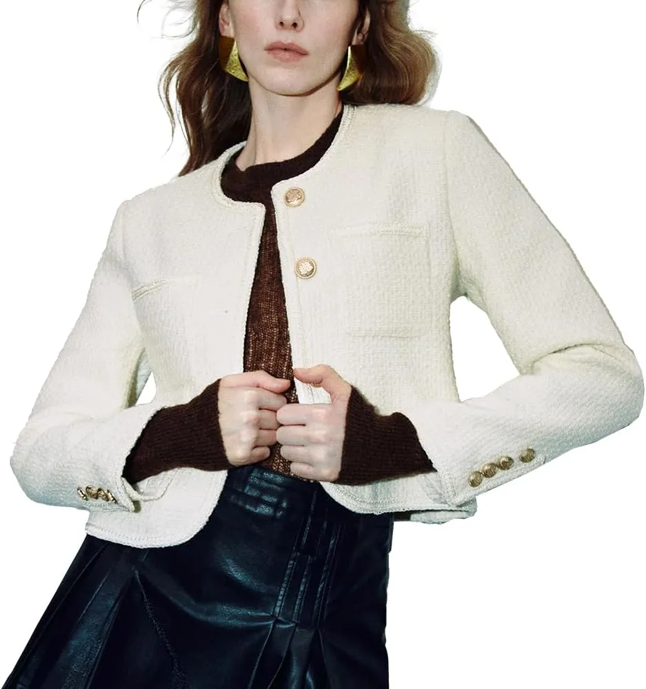 Women's Casual Business Cropped Tweed Blazers Jacket with Pocket Slim Fit Long Sleeve Short Suit for Work Office