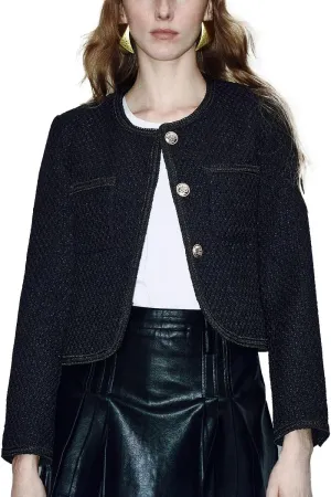 Women's Casual Business Cropped Tweed Blazers Jacket with Pocket Slim Fit Long Sleeve Short Suit for Work Office