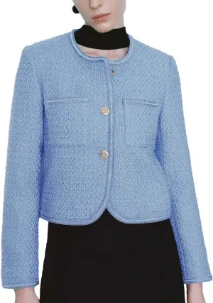 Women's Casual Business Cropped Tweed Blazers Jacket with Pocket Slim Fit Long Sleeve Short Suit for Work Office